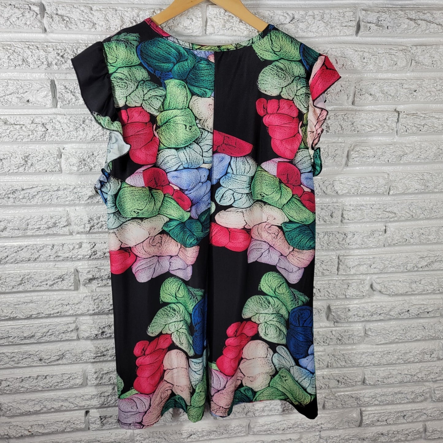 Lily Firmiana Women Dress Extra Large Mini Blue Red Watercolor Cap Ruffle Sleeve