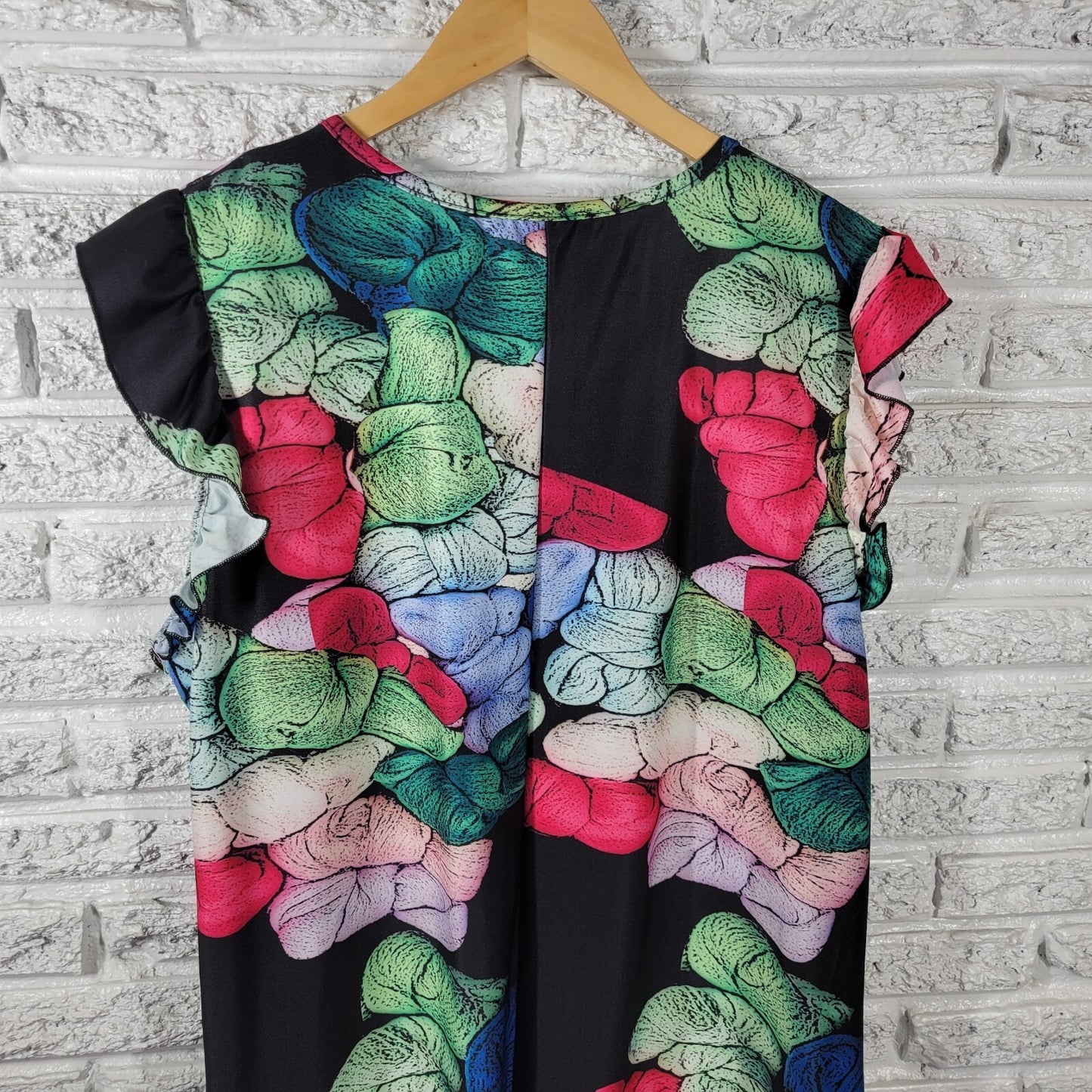 Lily Firmiana Women Dress Extra Large Mini Blue Red Watercolor Cap Ruffle Sleeve