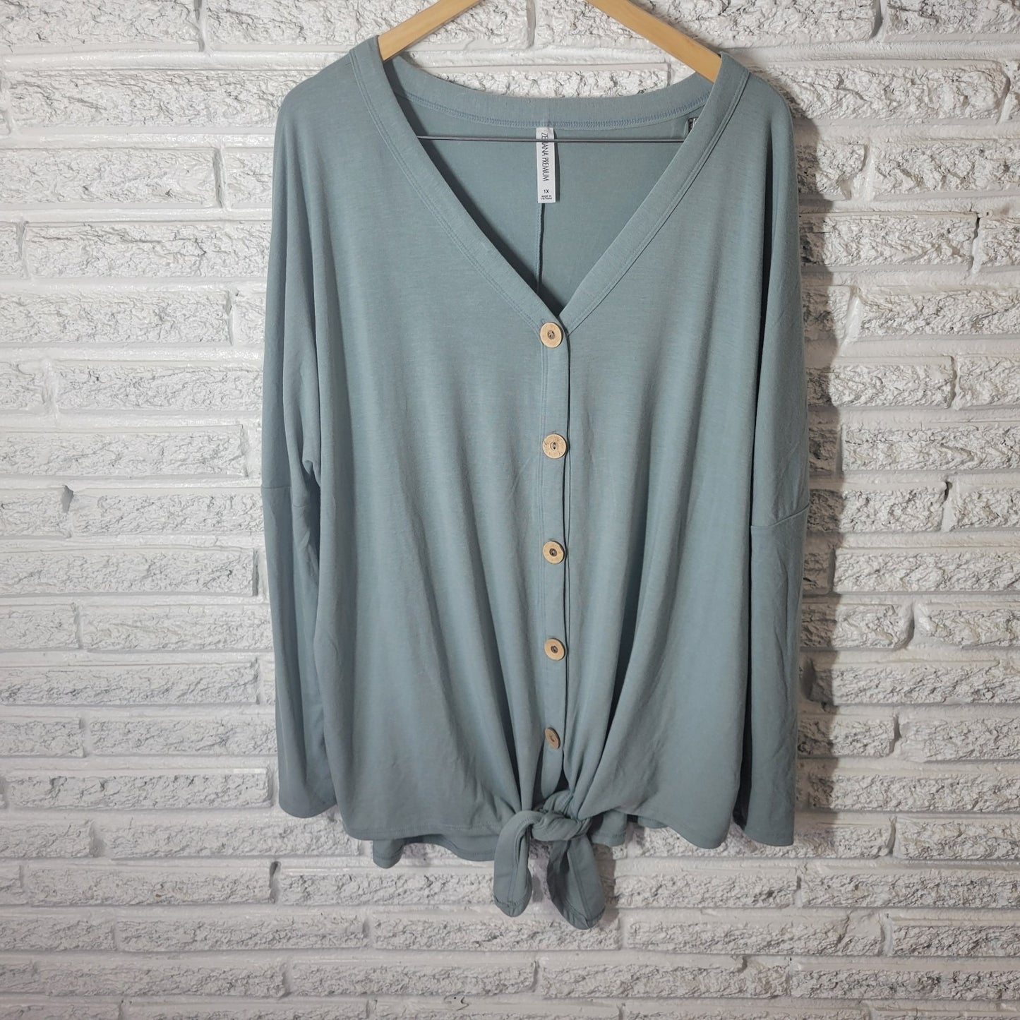 Zenana Premium Womens Top 1X Plus Cardigan Blue Button Up Tied Front Soft Comfy