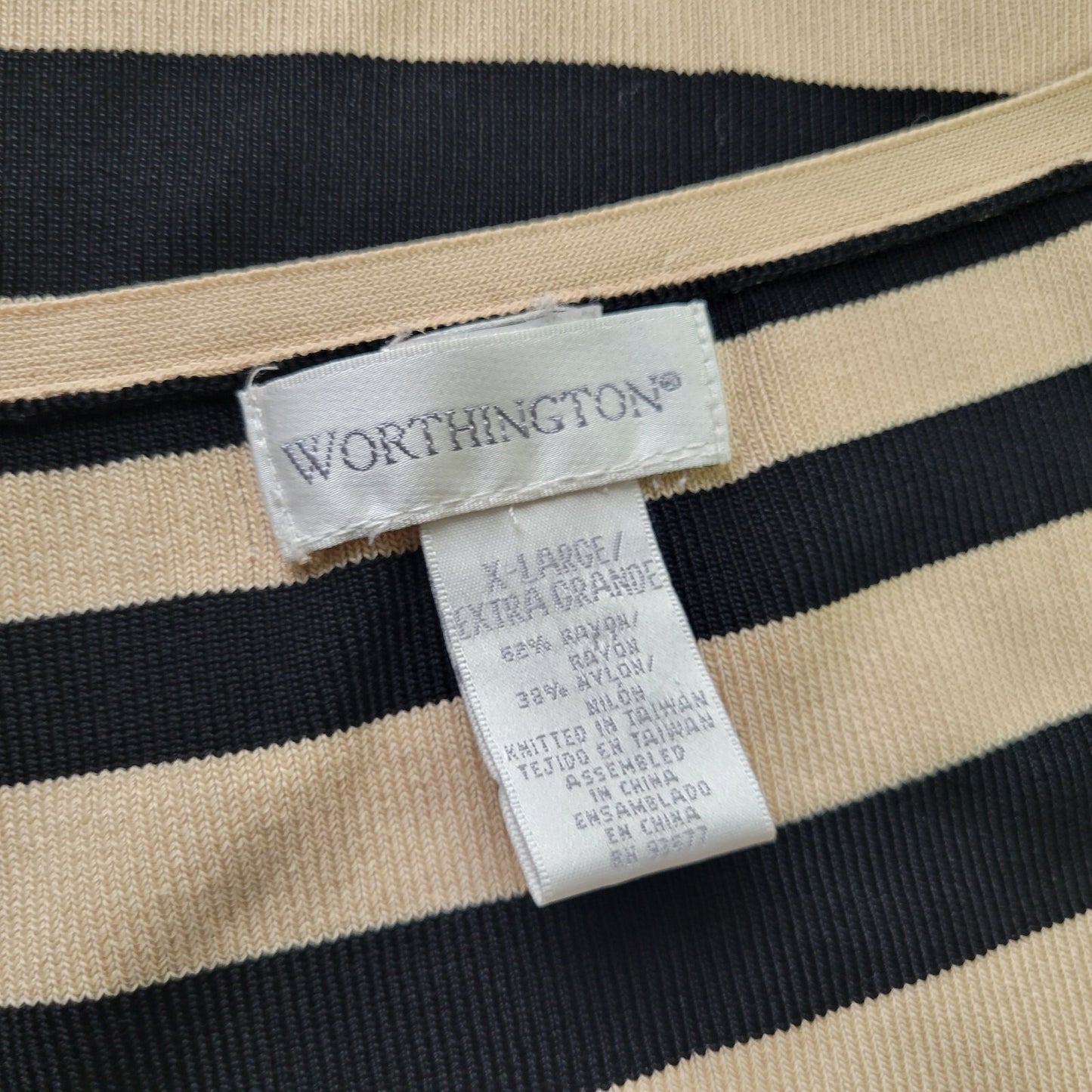 Worthington Womens Top Extra Large XL Sleeveless Black Beige Stripe Knit