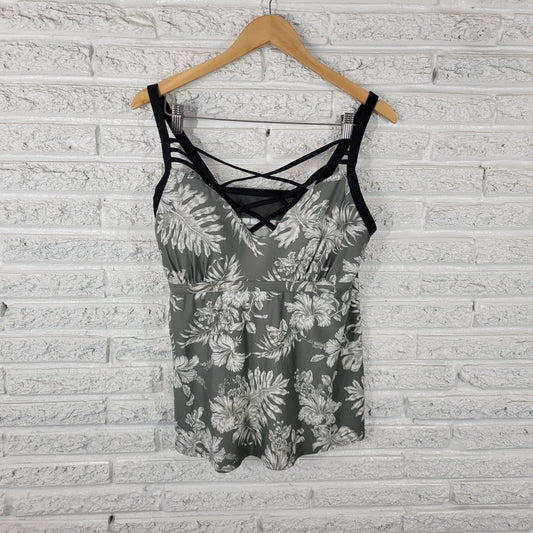 Skye Womens Swim Top 1X Plus Bra Gray GreenFloral Adjustable Straps Lattice Neck