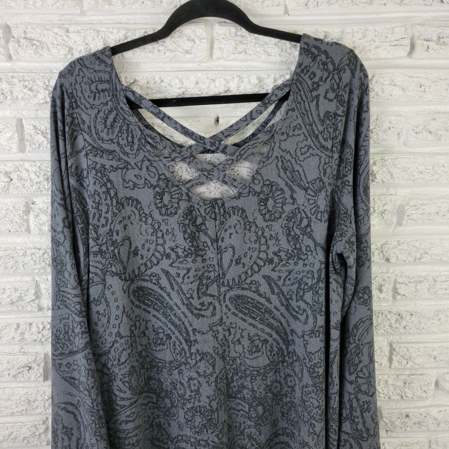 Boutique Women Dress 0X Plus Long Sleeve Gray Paisley Knee Length Lattice Back