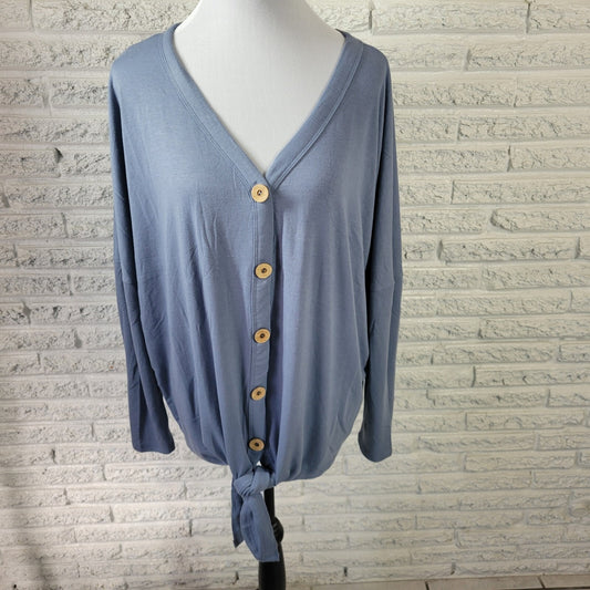 Zenana Premium Womens Top XL Cardigan Blue Button Up Poly Blend Casual Tied Hem
