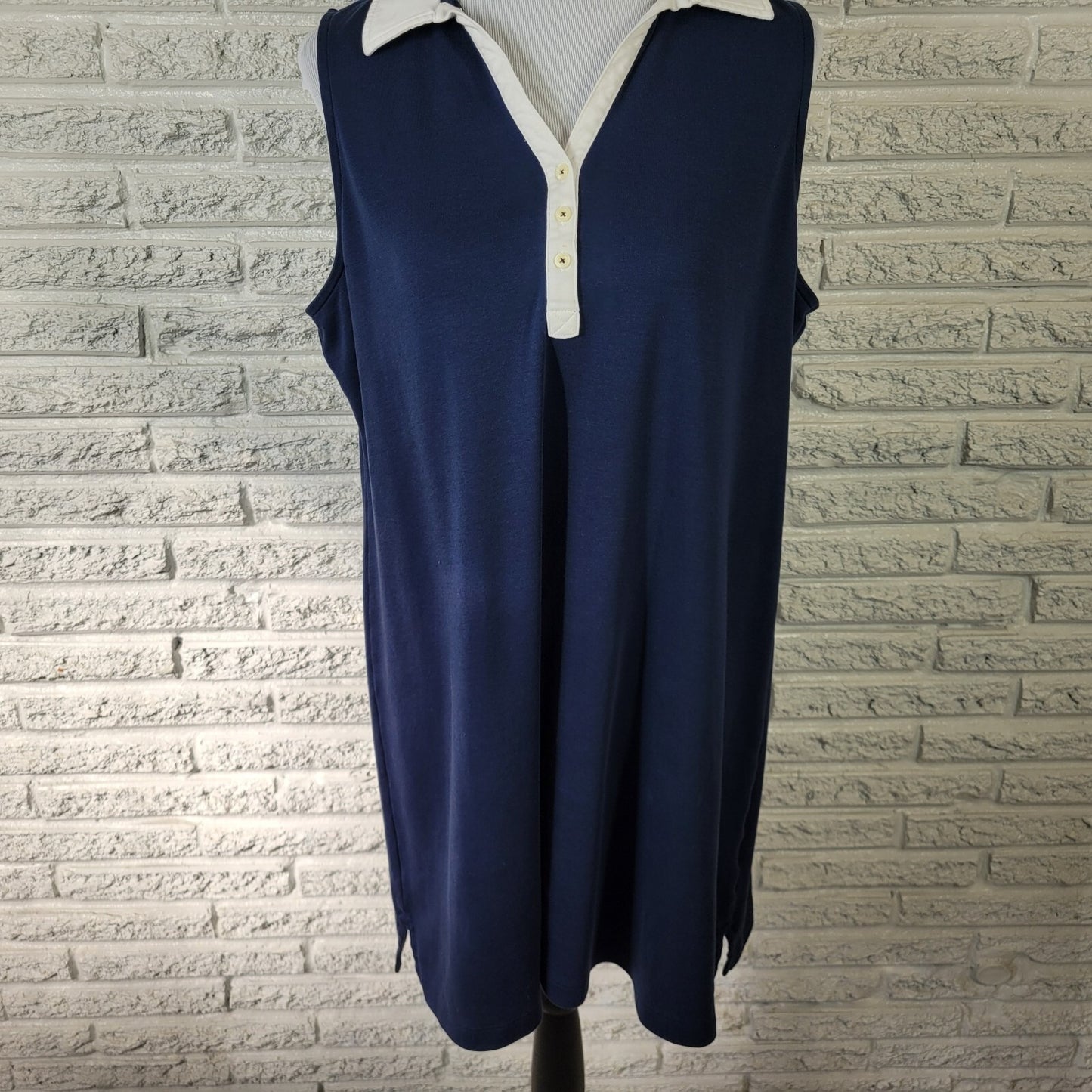 Lands End Women Dress XLP Petite Sleeveless Mini Blue Cotton Collar Comfy Casual