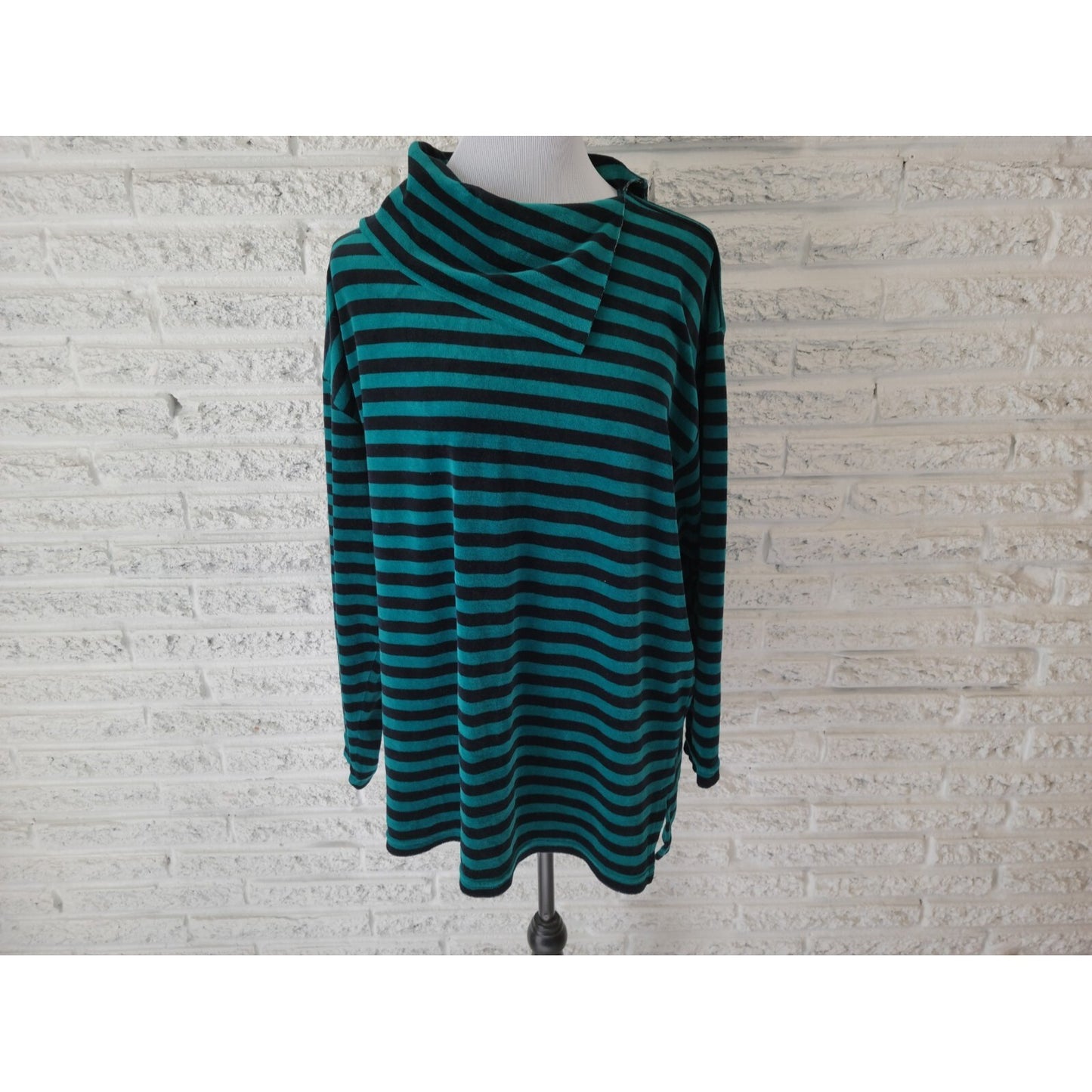 Sag Harbor Women Sweater XL Pullover Collar Green Stripe Velour 3/4 Sleeve Comfy