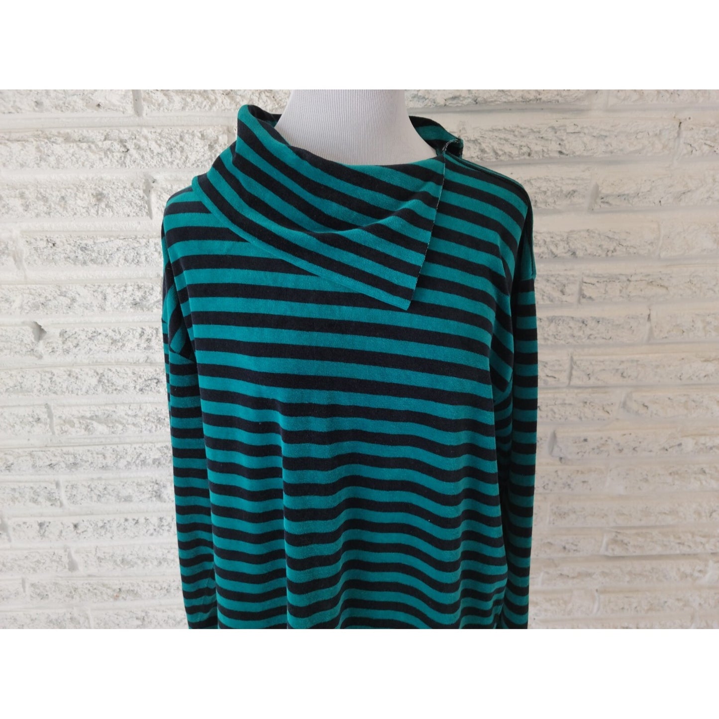 Sag Harbor Women Sweater XL Pullover Collar Green Stripe Velour 3/4 Sleeve Comfy