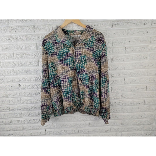 Alfred Dunner Womens Shirt 20 Button Up Collar Long Sleeve Blue Geometric Office