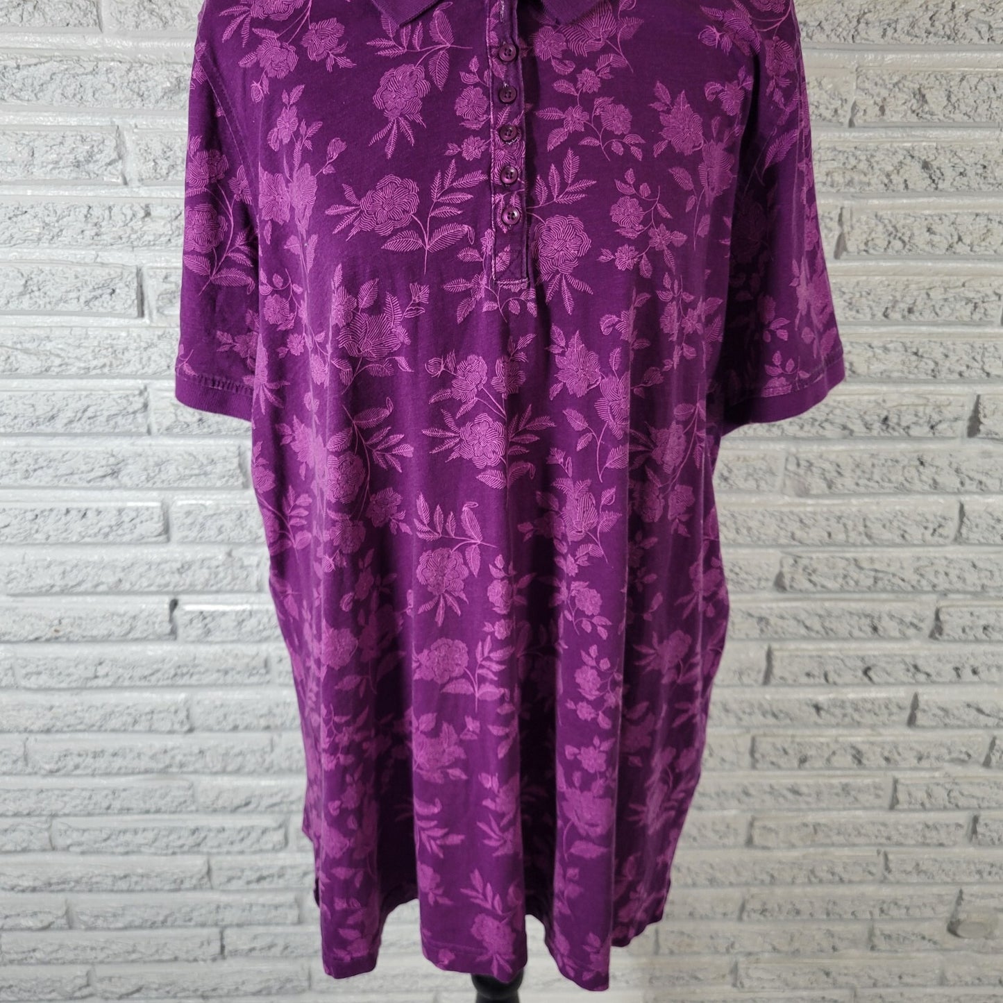 Woman Within Women Top 2X Plus Polo Short Sleeve Purple Floral Cotton Side Slits