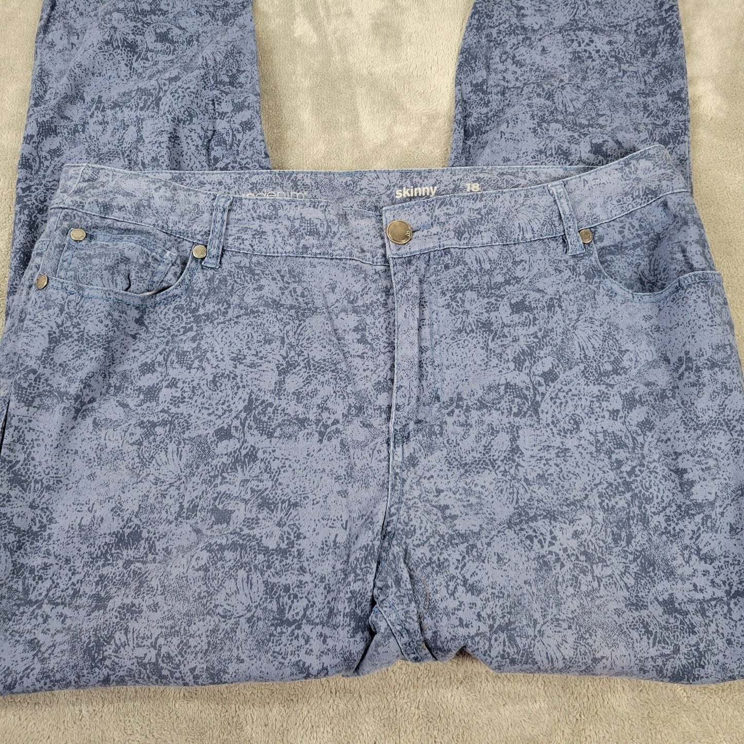 Avenue Womens Jeans 18 Skinny Blue Patterned Denim Zip Fly Cotton Blend Comfy