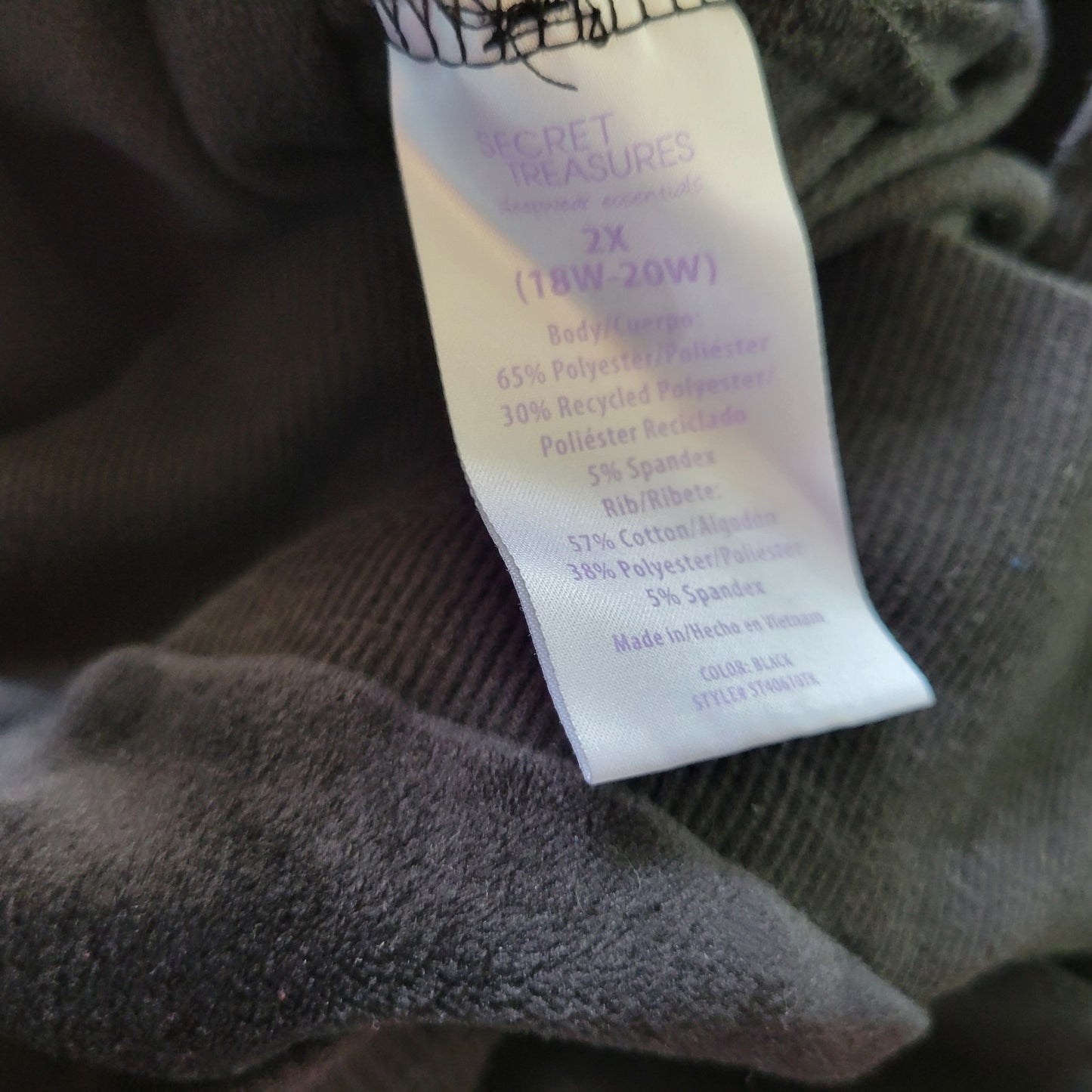 Secret Treasures Womens Pajama Top 2X Plus Long Sleeve Black Velour Poly Blend