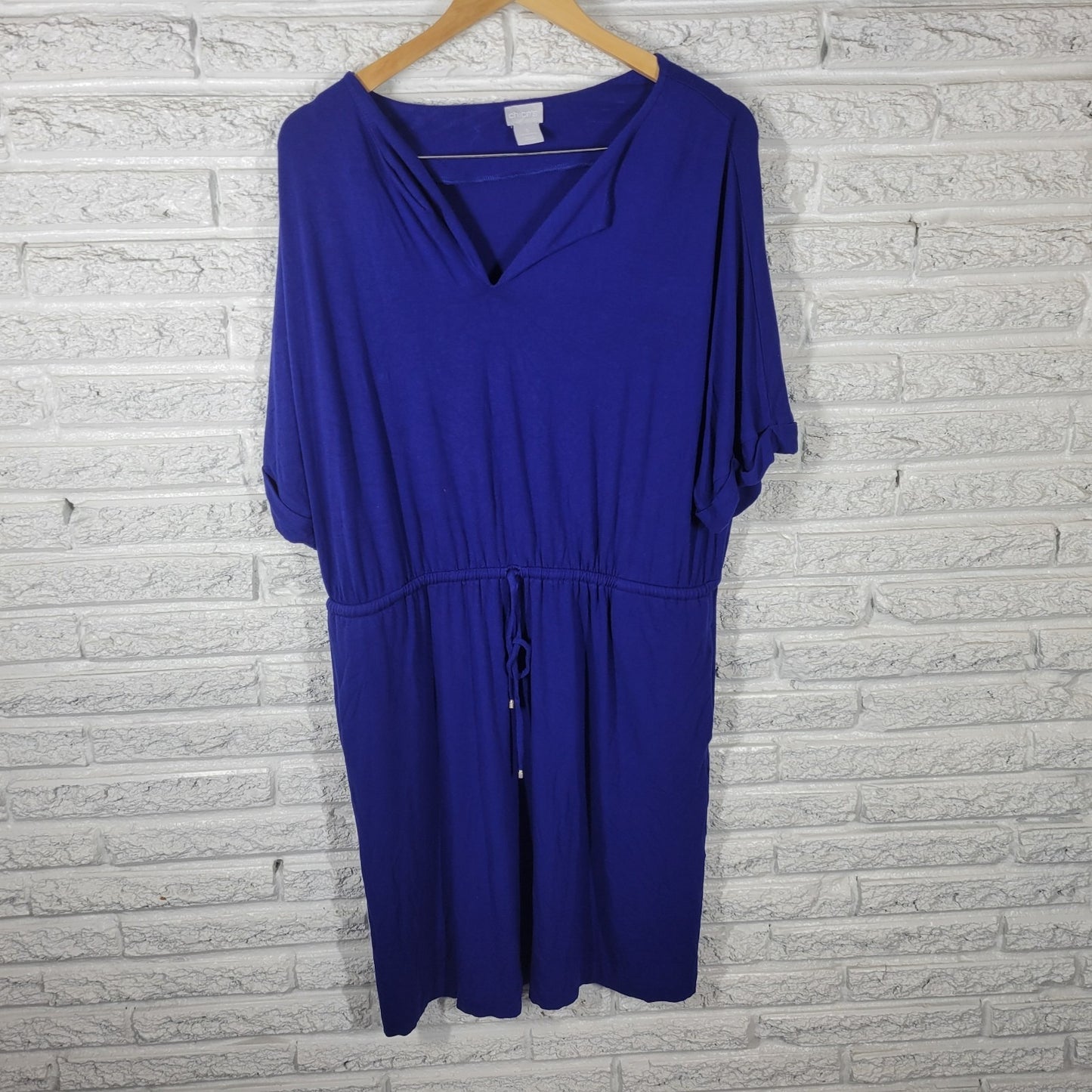 Chicos Womens Dress 3 Standard XL Short Sleeve Blue Drawstring Pockets Comfy