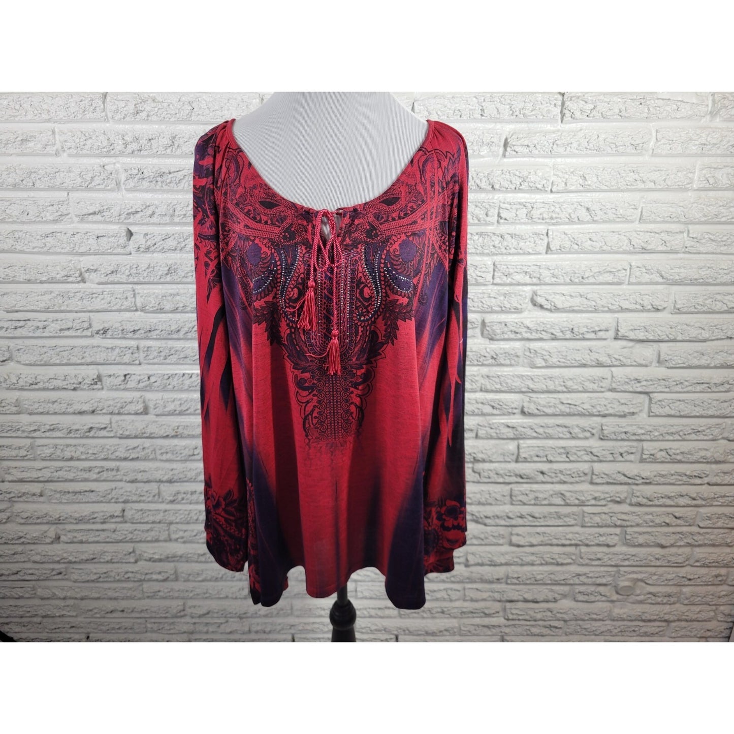 Energe Womens Top 3X Tunic Long Sleeve Red Paisley Poly Blend Tassels Keyhole