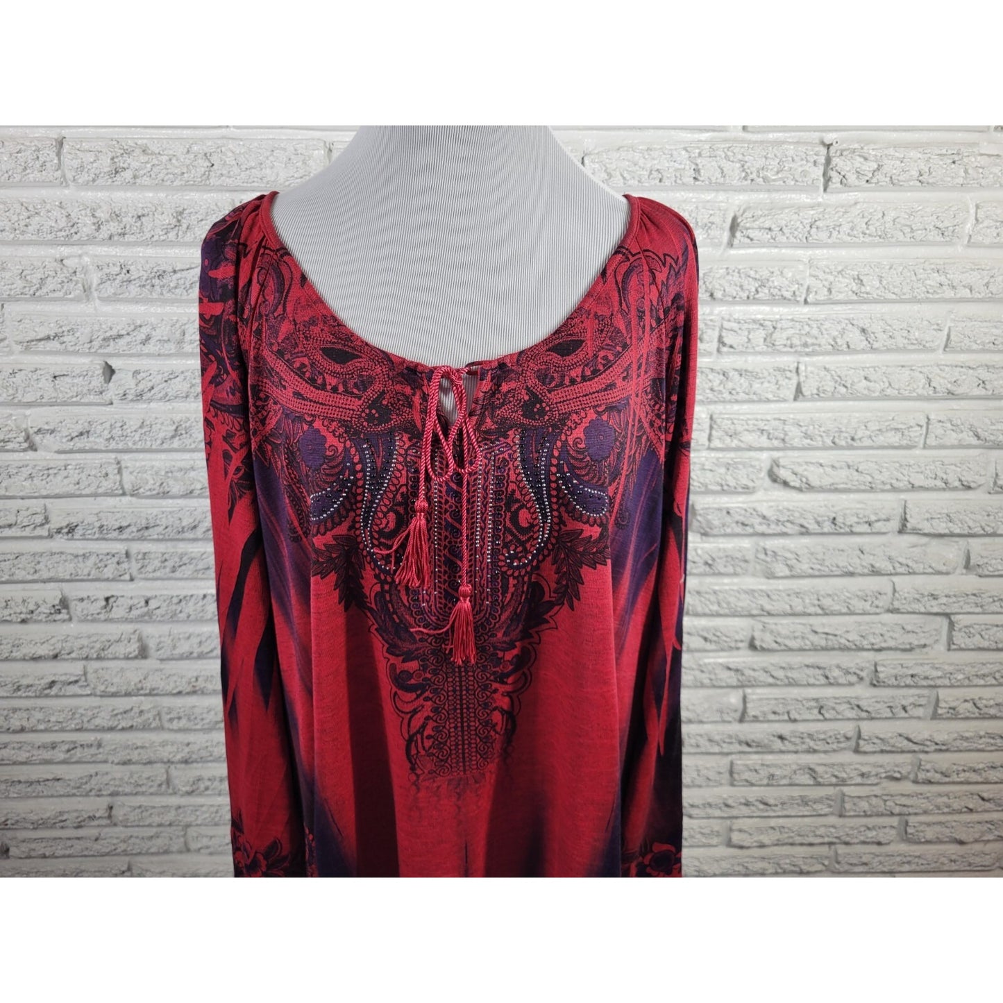 Energe Womens Top 3X Tunic Long Sleeve Red Paisley Poly Blend Tassels Keyhole