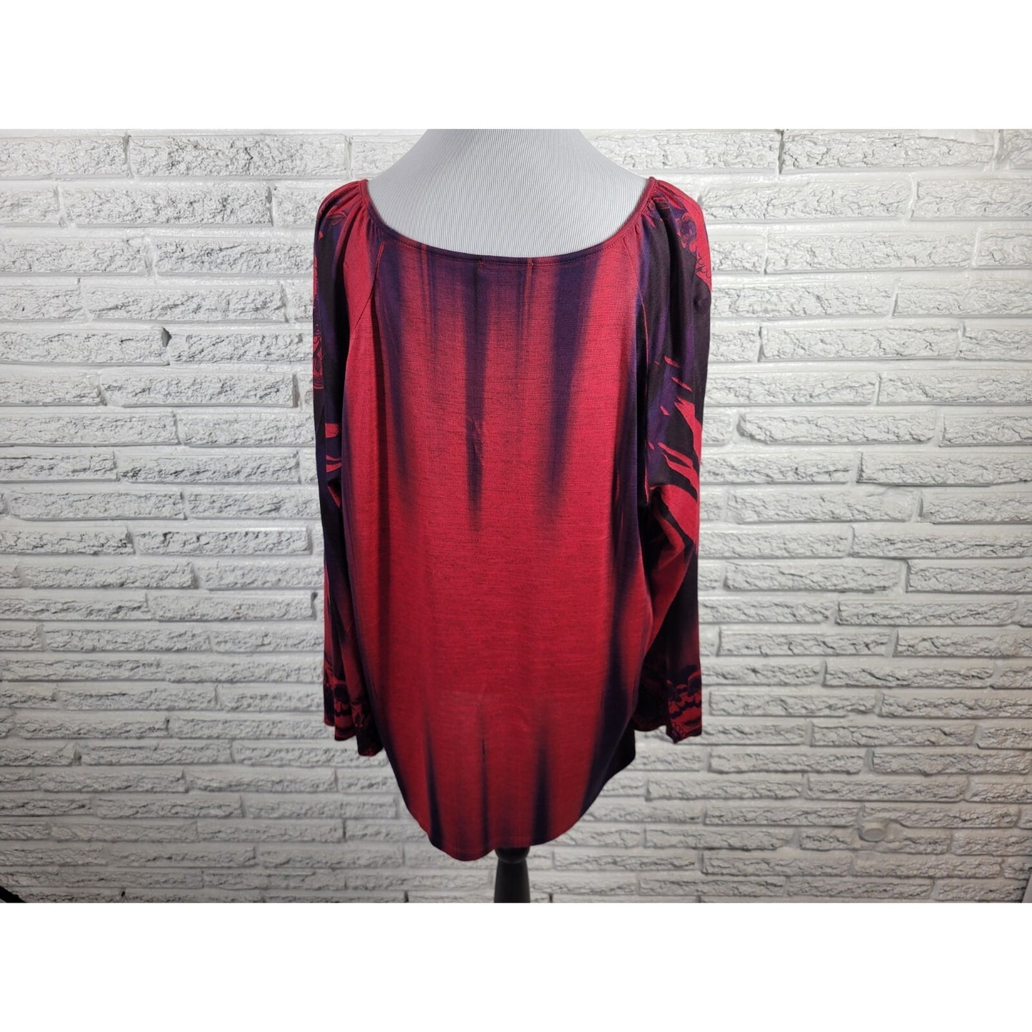 Energe Womens Top 3X Tunic Long Sleeve Red Paisley Poly Blend Tassels Keyhole