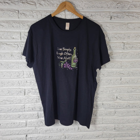 Live Simply Laugh Often Wine A Lot Womens Top XL Tee Black Studded Funny Cotton