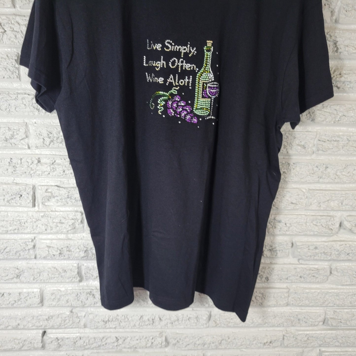 Live Simply Laugh Often Wine A Lot Womens Top XL Tee Black Studded Funny Cotton