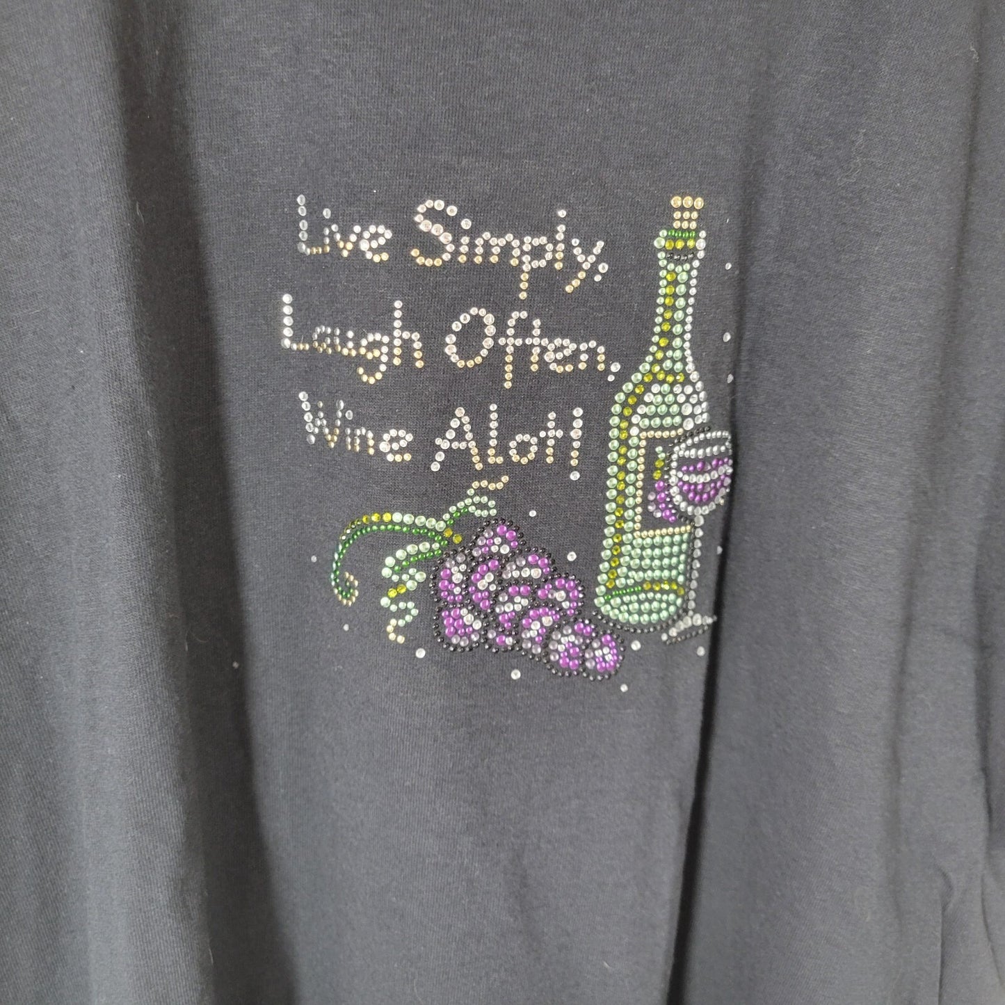 Live Simply Laugh Often Wine A Lot Womens Top XL Tee Black Studded Funny Cotton