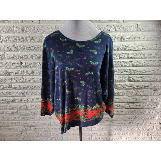 Christmas Take Two Womens Top 3X Plus Knit 3/4 Sleeve Poinsettias Sequins Blue