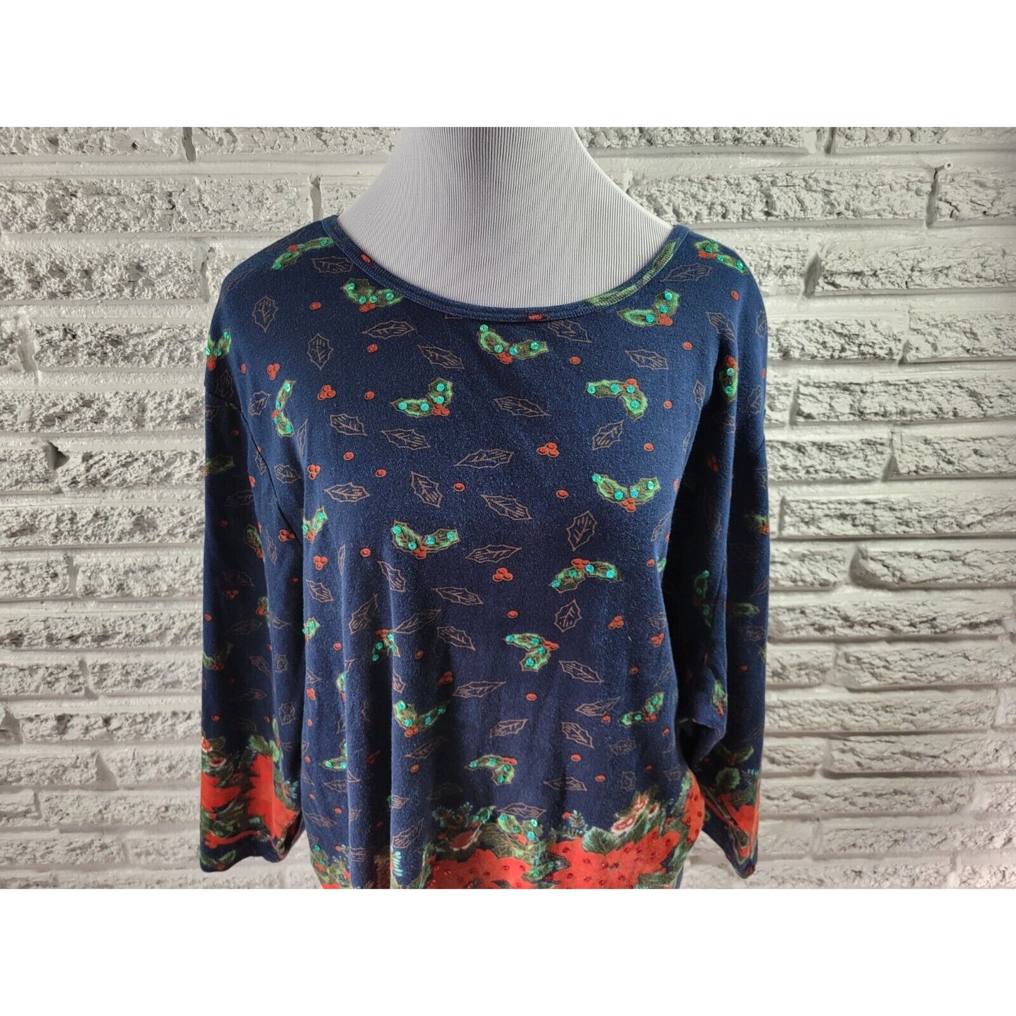 Christmas Take Two Womens Top 3X Plus Knit 3/4 Sleeve Poinsettias Sequins Blue