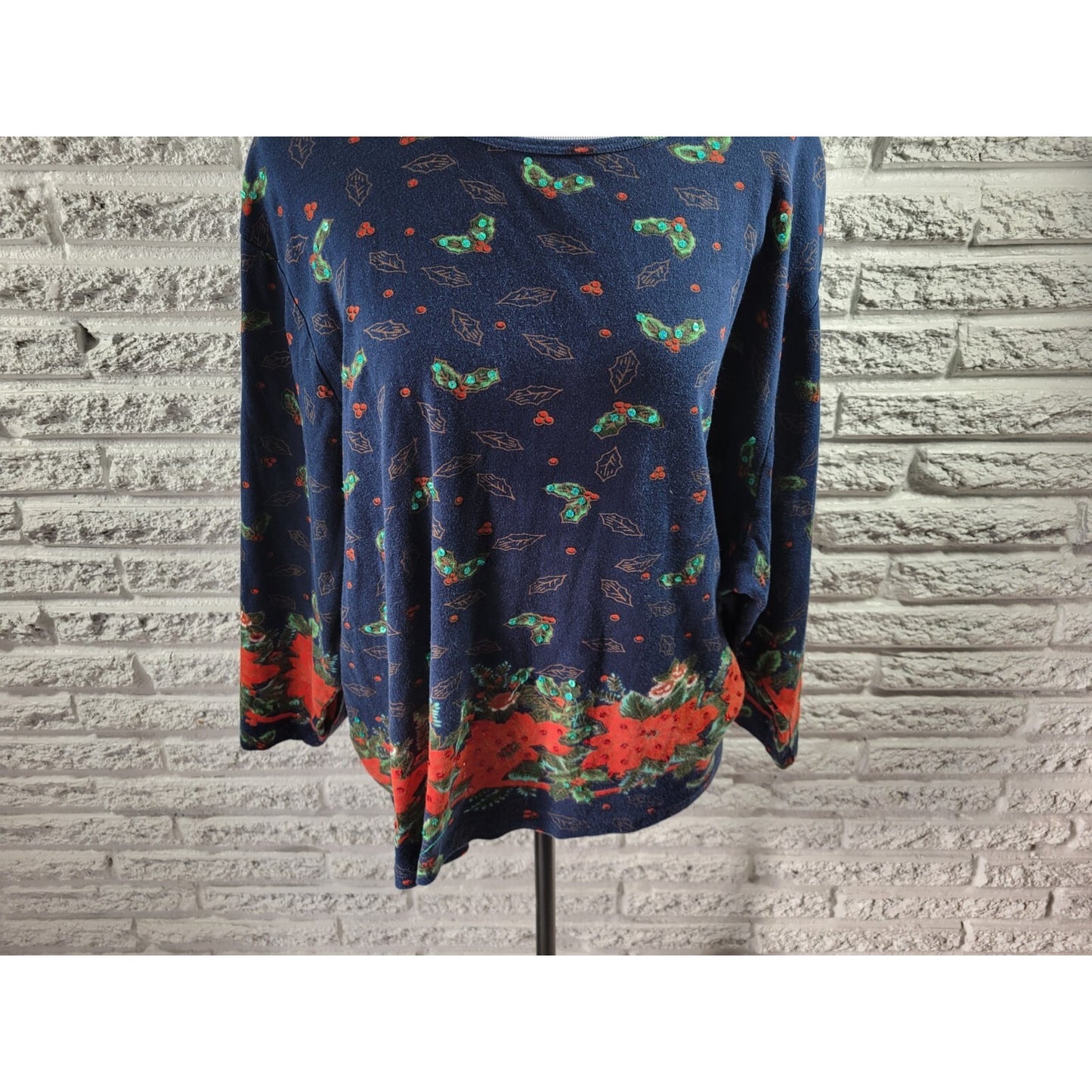 Christmas Take Two Womens Top 3X Plus Knit 3/4 Sleeve Poinsettias Sequins Blue