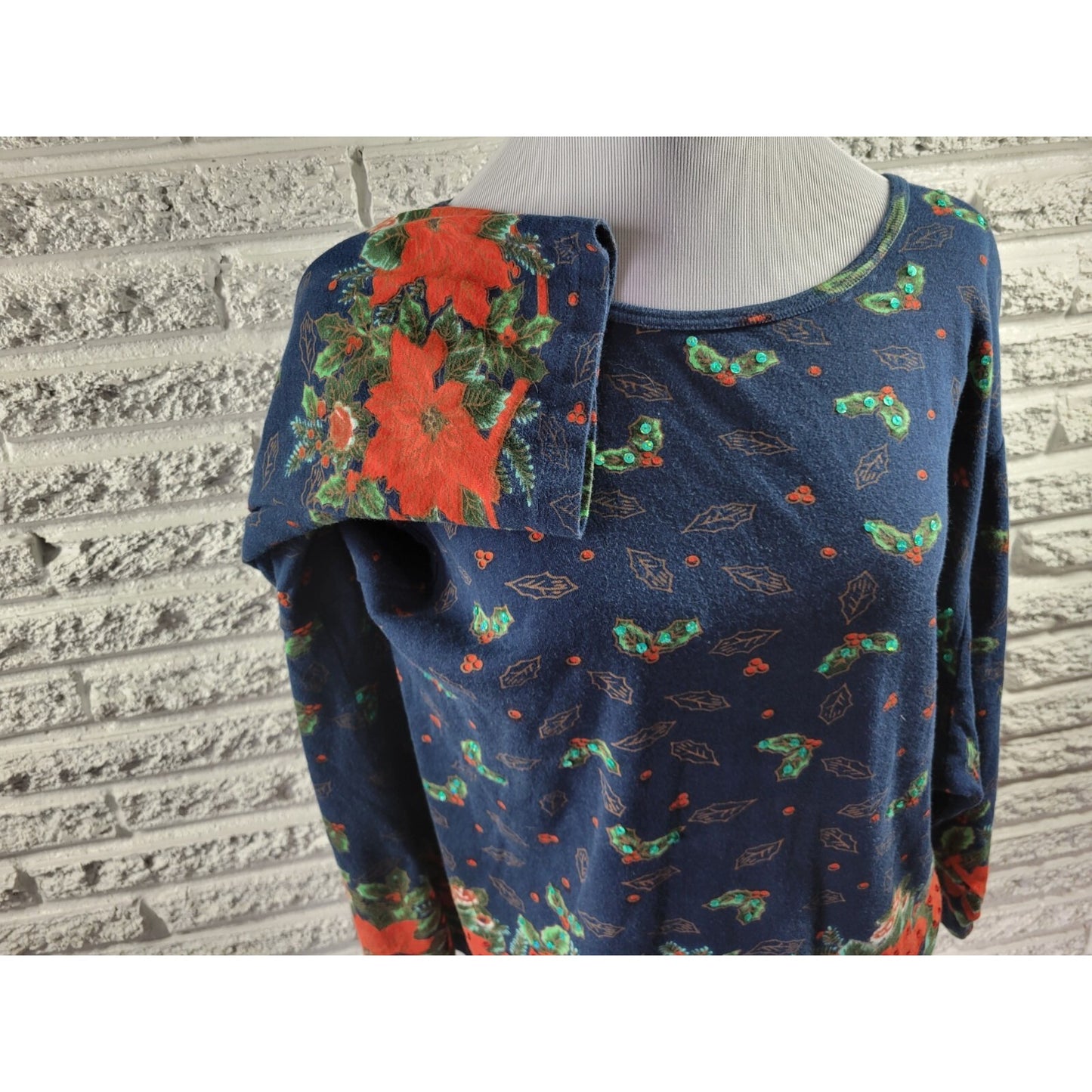 Christmas Take Two Womens Top 3X Plus Knit 3/4 Sleeve Poinsettias Sequins Blue