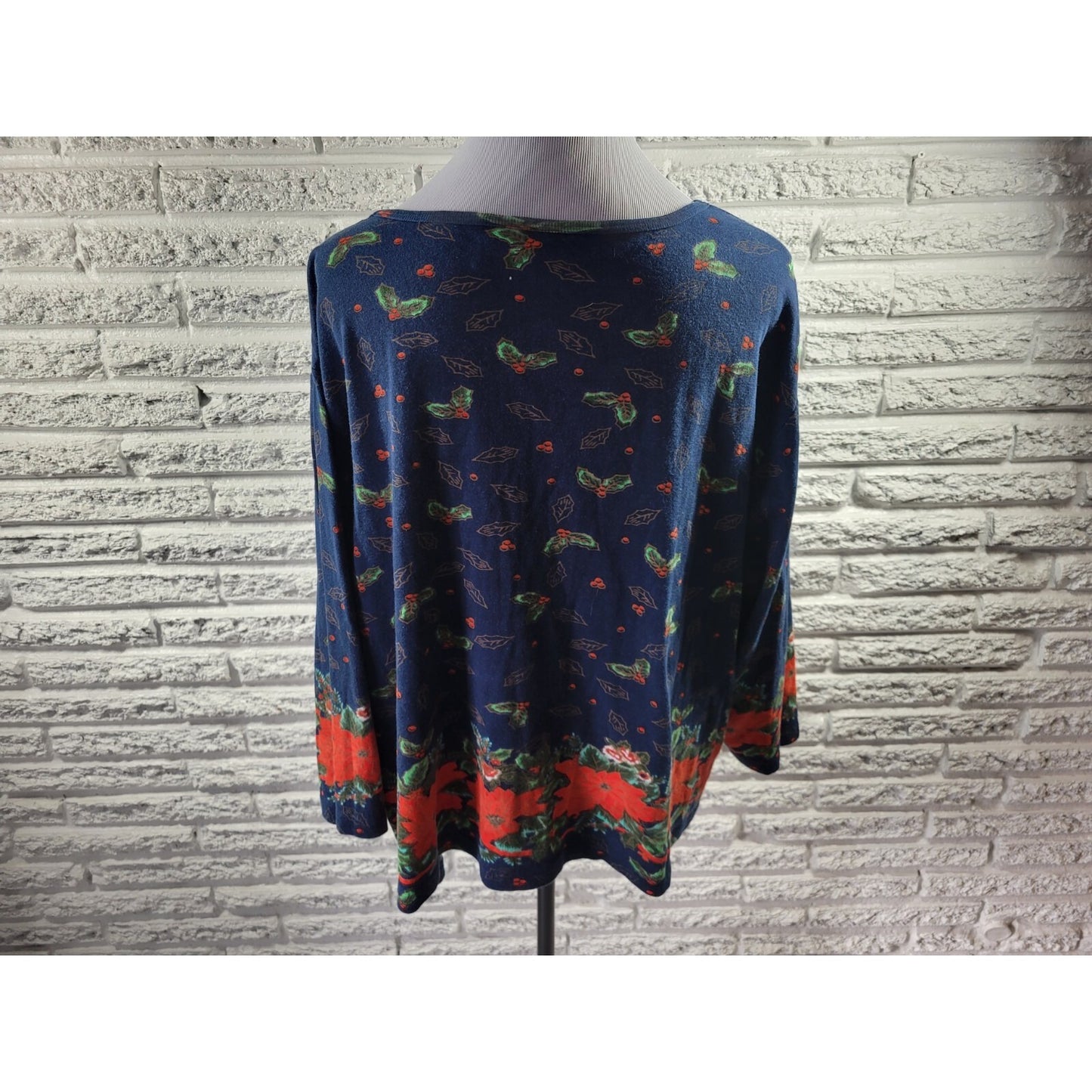 Christmas Take Two Womens Top 3X Plus Knit 3/4 Sleeve Poinsettias Sequins Blue