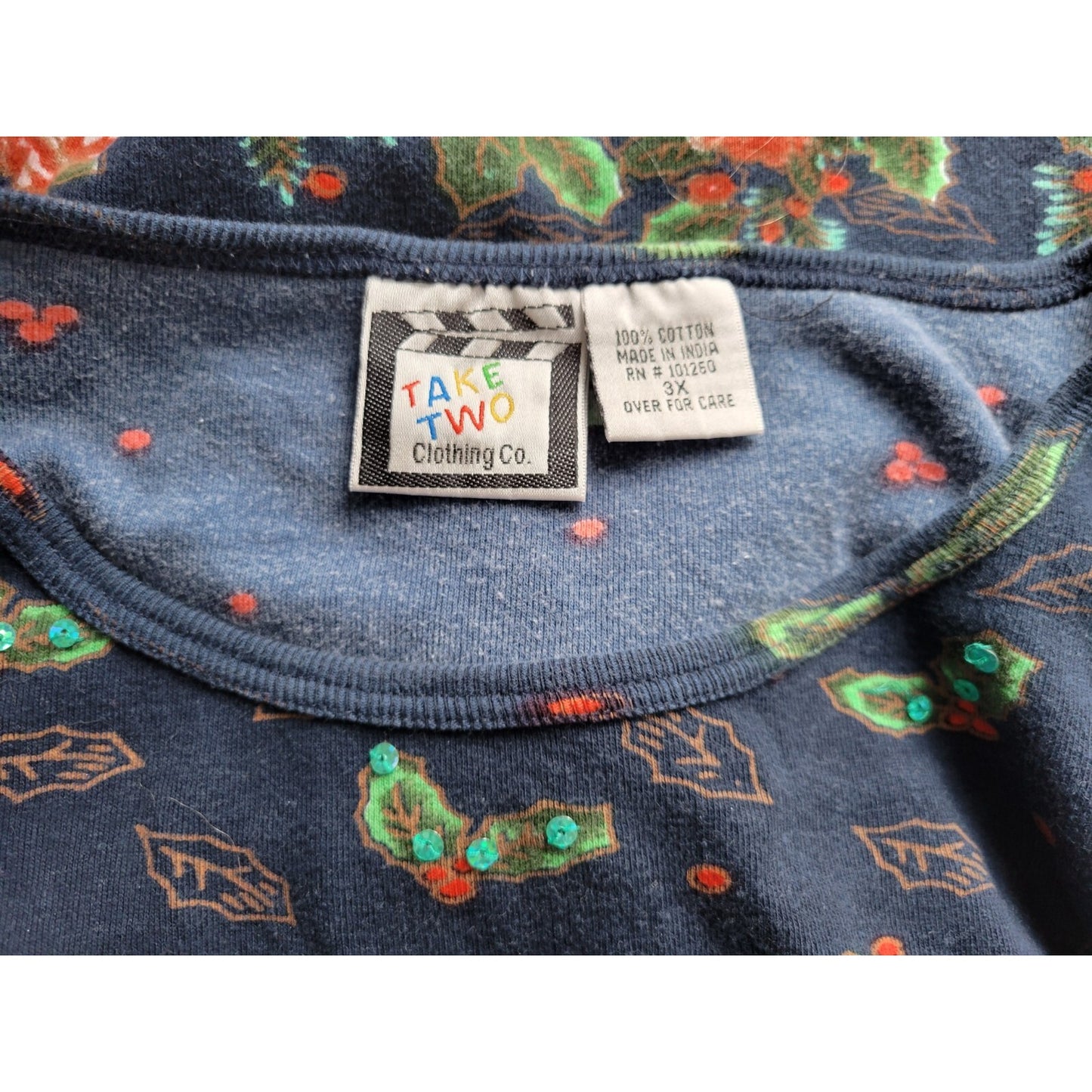Christmas Take Two Womens Top 3X Plus Knit 3/4 Sleeve Poinsettias Sequins Blue