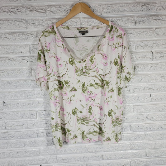 Style&Co. Womens Top 3X Tee White Pink Green Button V-Neck Cotton Blend Comfy