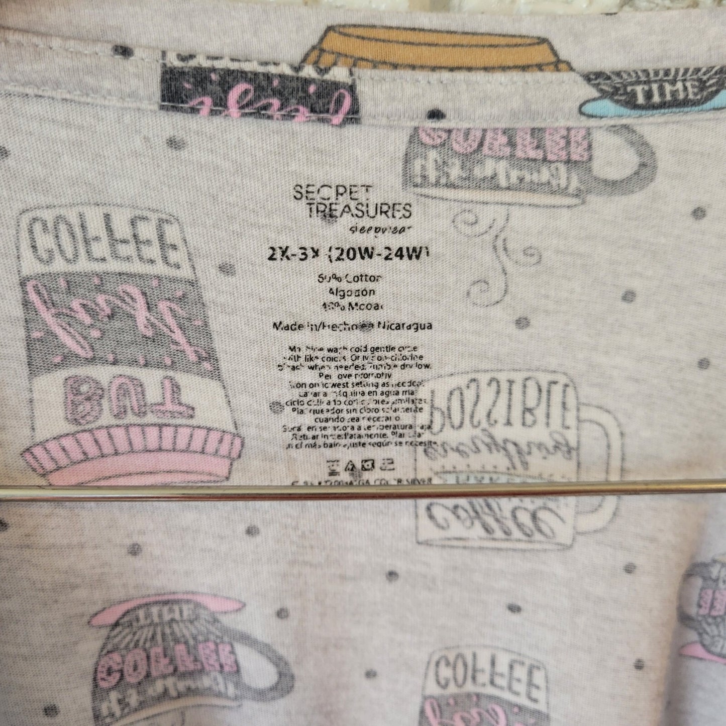 Secret Treasures Womens Pajama Top 2X Plus Gown Gray Coffee All Over Loungewear