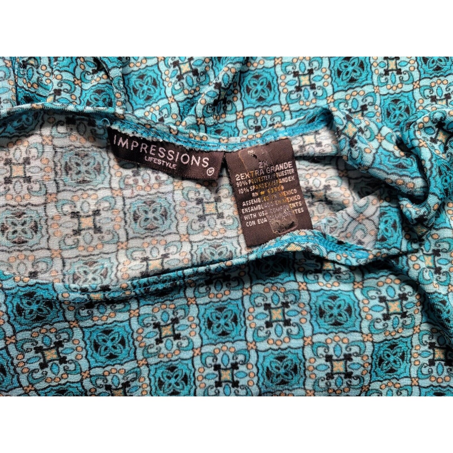 Impressions Womens Top 2X Plus Sleeveless Blue Geometric Poly Blend Casual