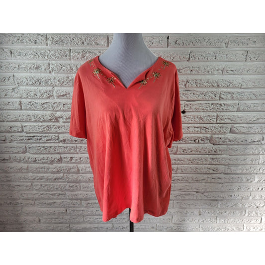 Coral Bay Womens Top 2X Plus Tee Short Sleeve Pink Studded Notch Neck Comfy