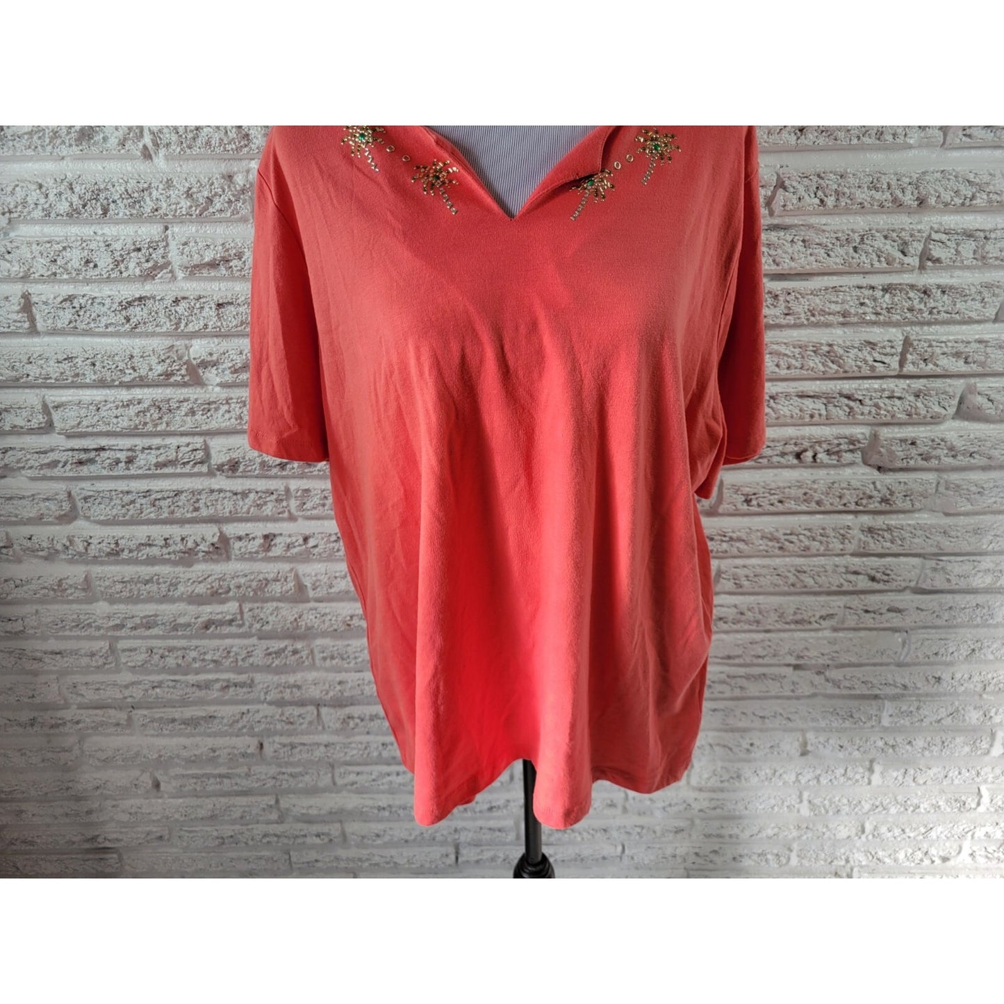 Coral Bay Womens Top 2X Plus Tee Short Sleeve Pink Studded Notch Neck Comfy