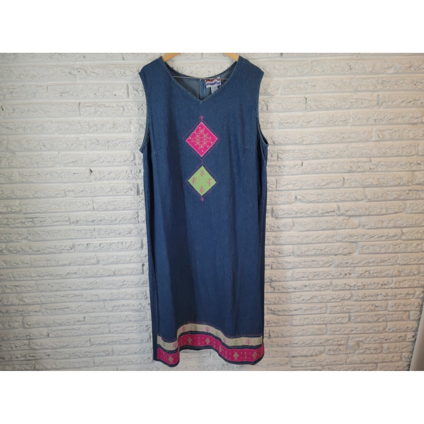 Country Wear Womens Dress 2X Plus Sleeveless Denim Blue Patchwork Embroider