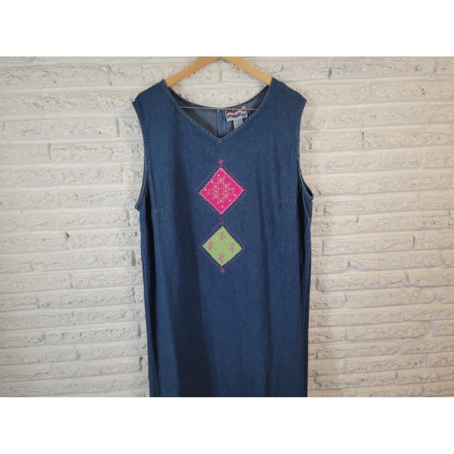 Country Wear Womens Dress 2X Plus Sleeveless Denim Blue Patchwork Embroider