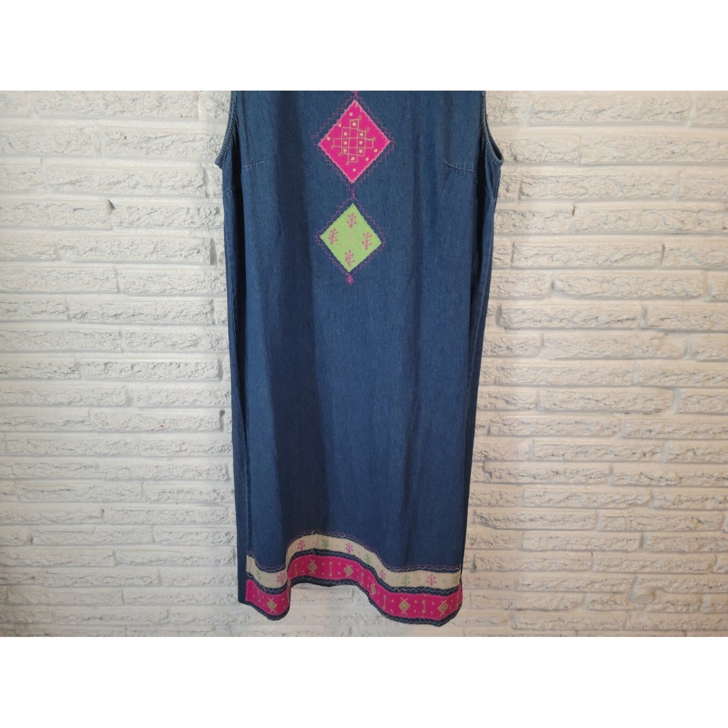 Country Wear Womens Dress 2X Plus Sleeveless Denim Blue Patchwork Embroider