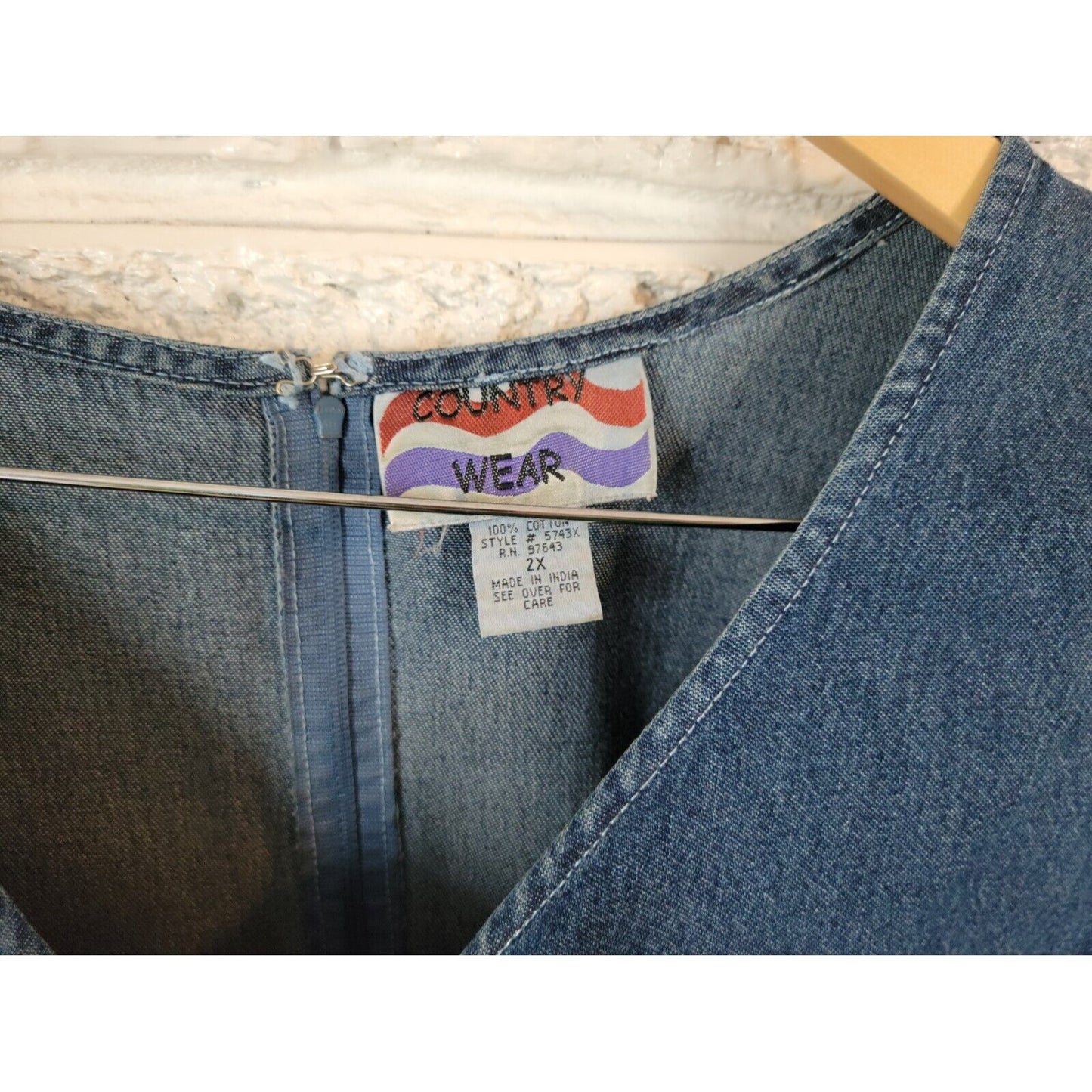 Country Wear Womens Dress 2X Plus Sleeveless Denim Blue Patchwork Embroider