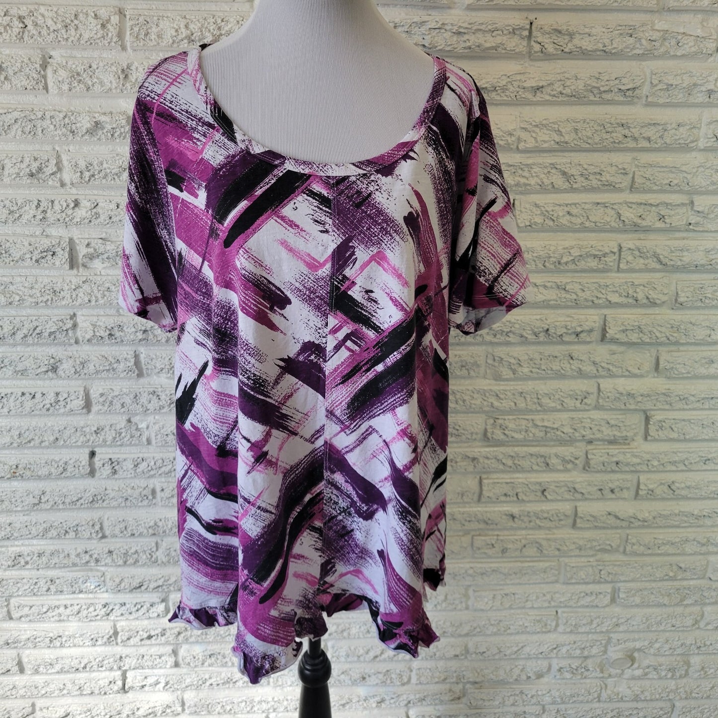 Zim Zoe Womens Top 22 24 Plus Tee Purple Watercolor Cotton Ruffle Casual Comfy