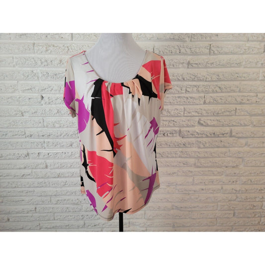 Worthington Womens Top 0X Plus Short Sleeve Pink Geometric Poly Blend Pleated