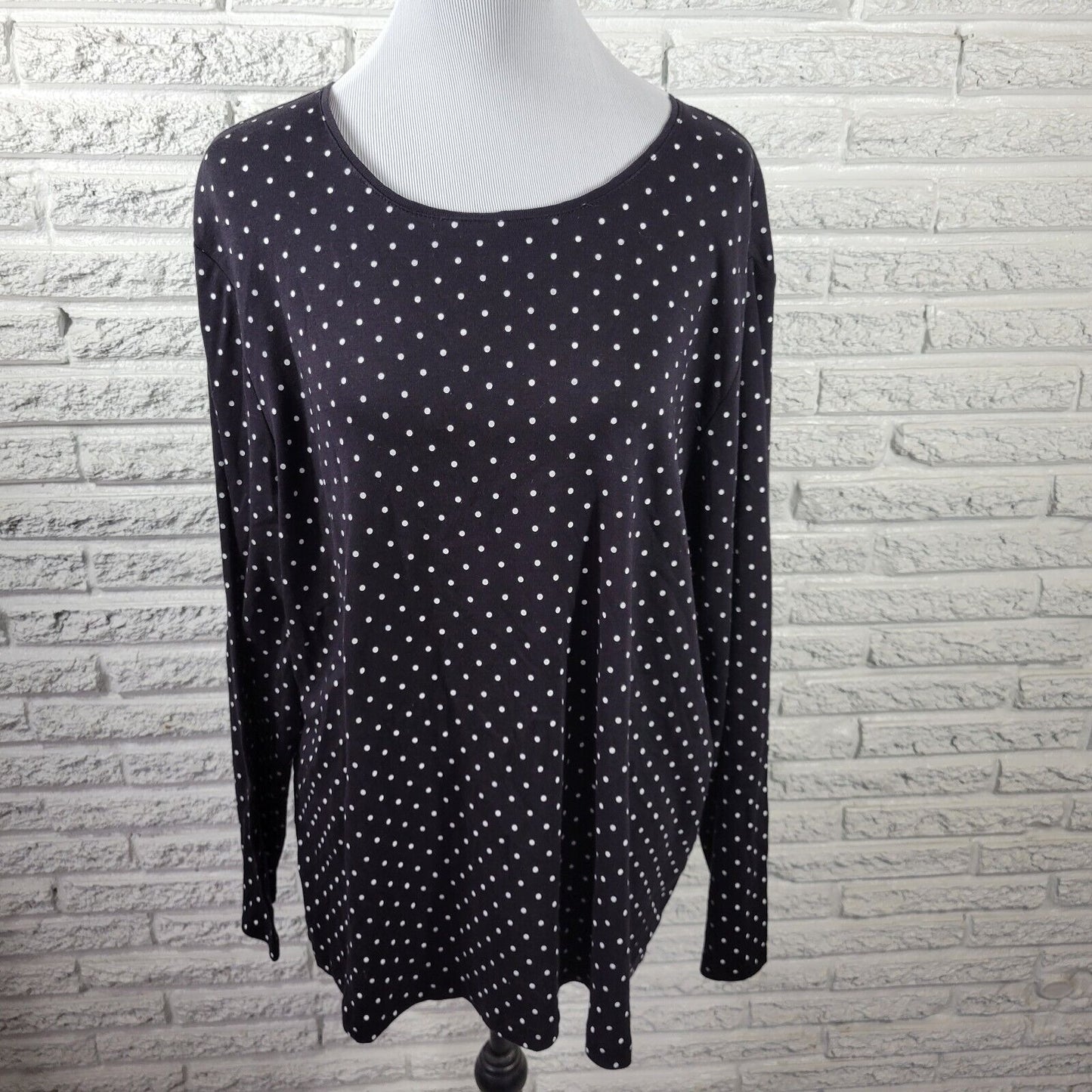 Croft Barrow Womens Top 2X Plus Tee Long Sleeve Black Polka Dot Cotton Comfy