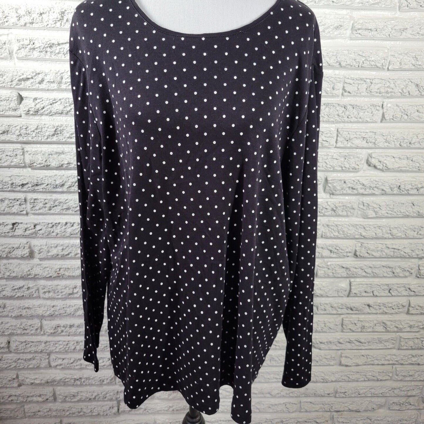 Croft Barrow Womens Top 2X Plus Tee Long Sleeve Black Polka Dot Cotton Comfy