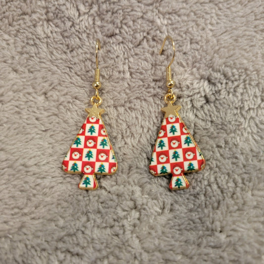 Christmas Trees #1  Womens Earrings One Pair Hanging Red Green Gold Tone Holiday