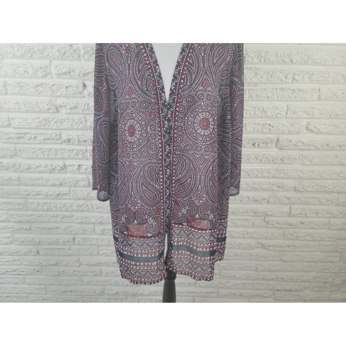 Catherines Womens Top 1X Plus Open Duster Sheer Blue Red Paisley Polyester