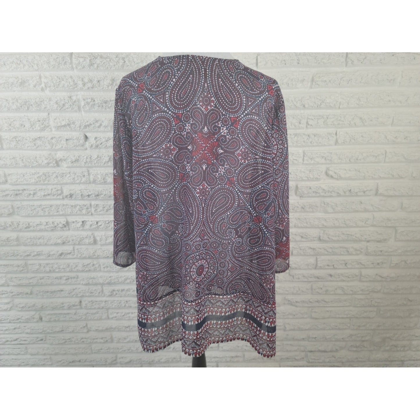 Catherines Womens Top 1X Plus Open Duster Sheer Blue Red Paisley Polyester