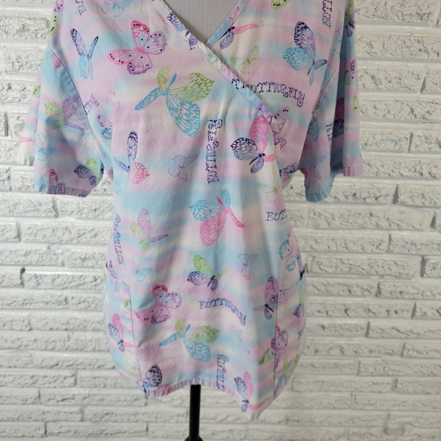 SB Scrubs Unisex Scrub Top XL Short Sleeve Blue Butterflies Pockets Lightweight