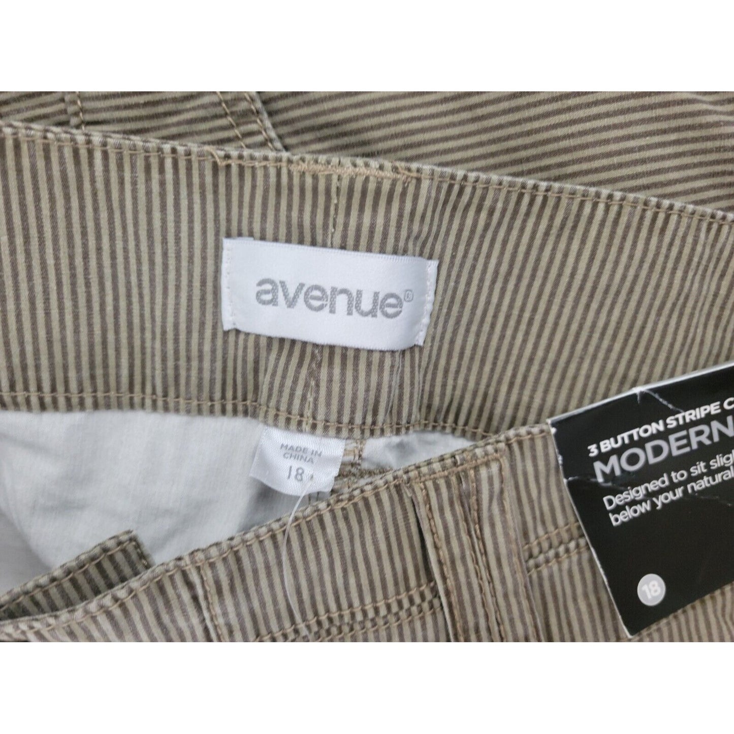 Avenue Womens Pants 18 Plus Capri Modern Fit Flap Pockets Brown Stripe Cotton