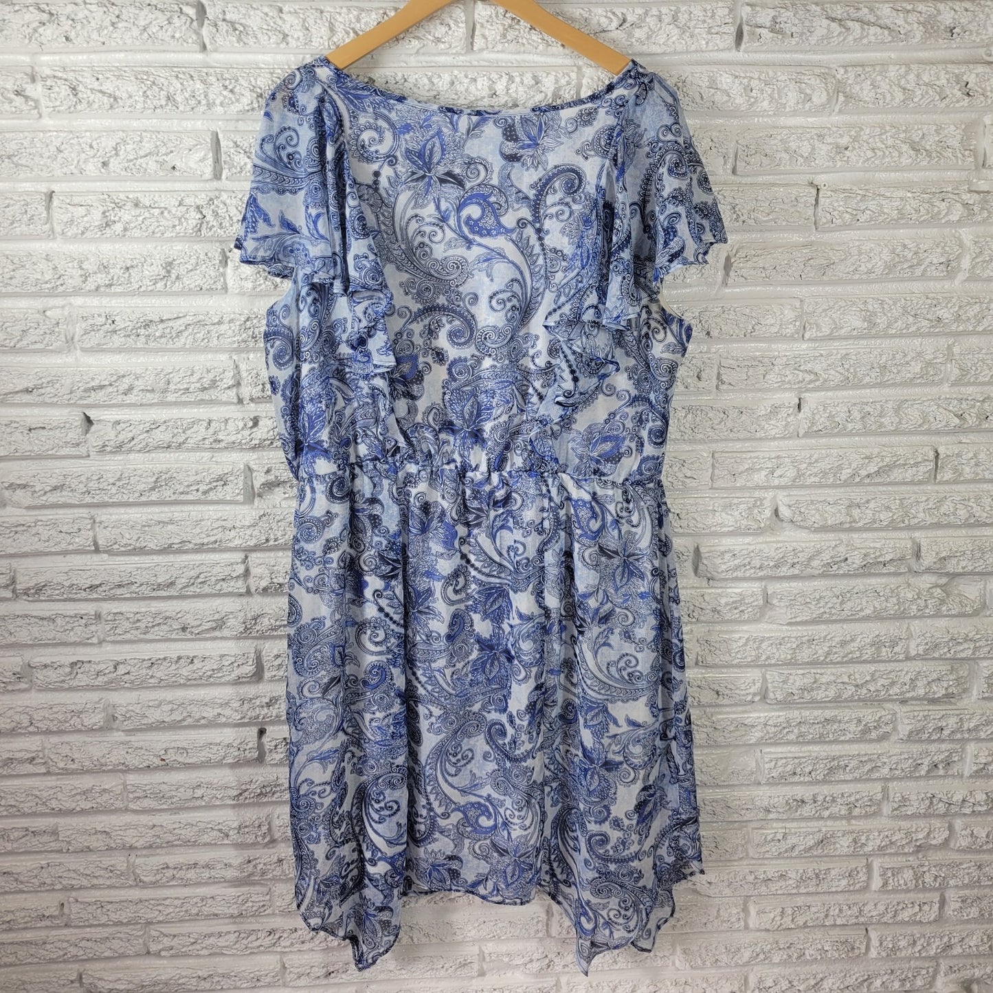 Alyx Women Dress 20W Plus Sheath Flutter Sleeve Blue Paisley Keyhole Lightweight