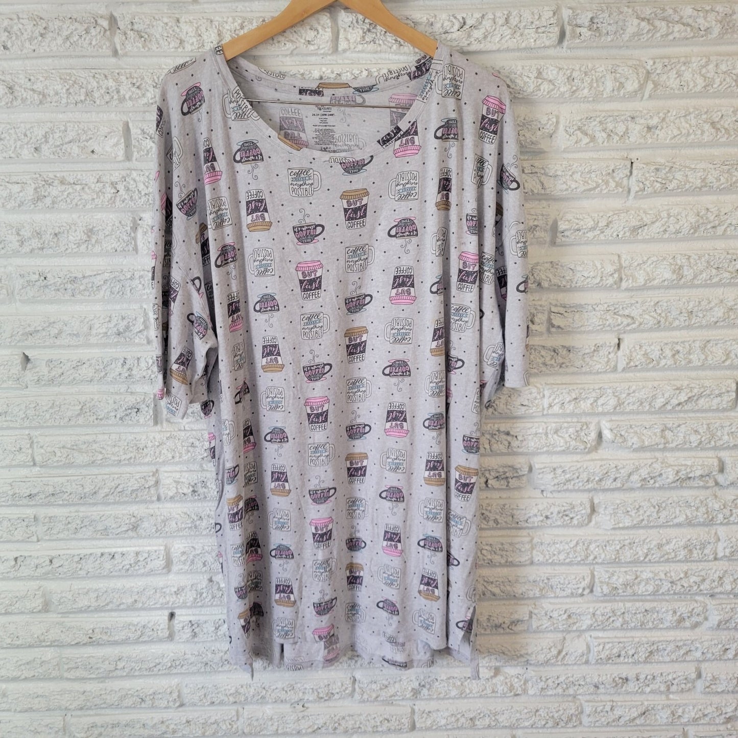 Secret Treasures Womens Pajama Top 2X Gown Gray Coffee All Over Loungewear Comfy