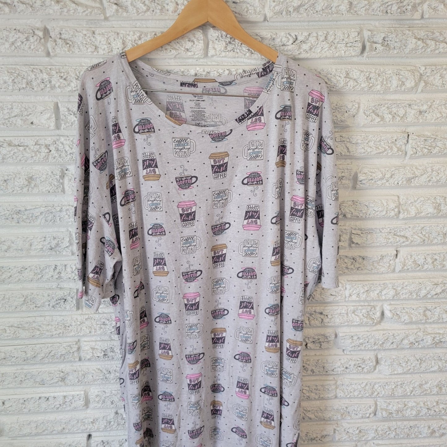 Secret Treasures Womens Pajama Top 2X Gown Gray Coffee All Over Loungewear Comfy