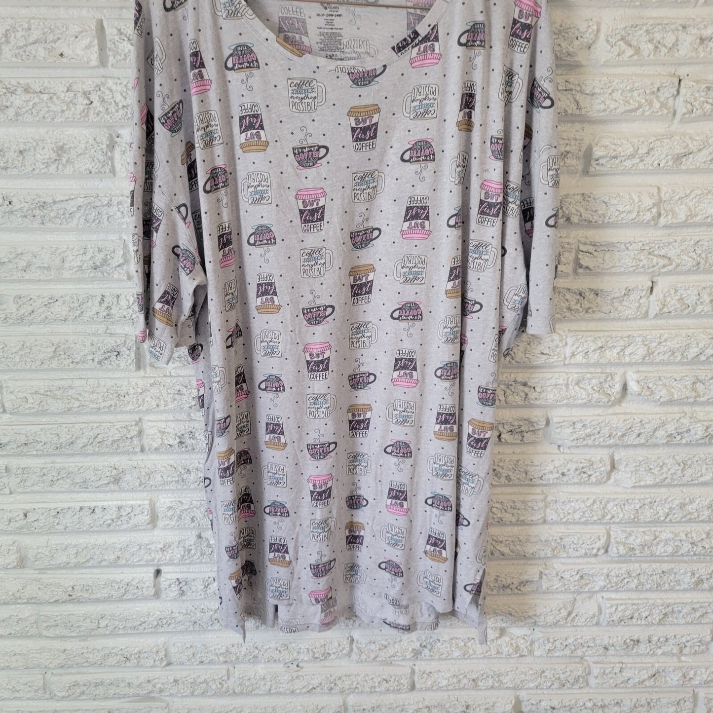 Secret Treasures Womens Pajama Top 2X Gown Gray Coffee All Over Loungewear Comfy