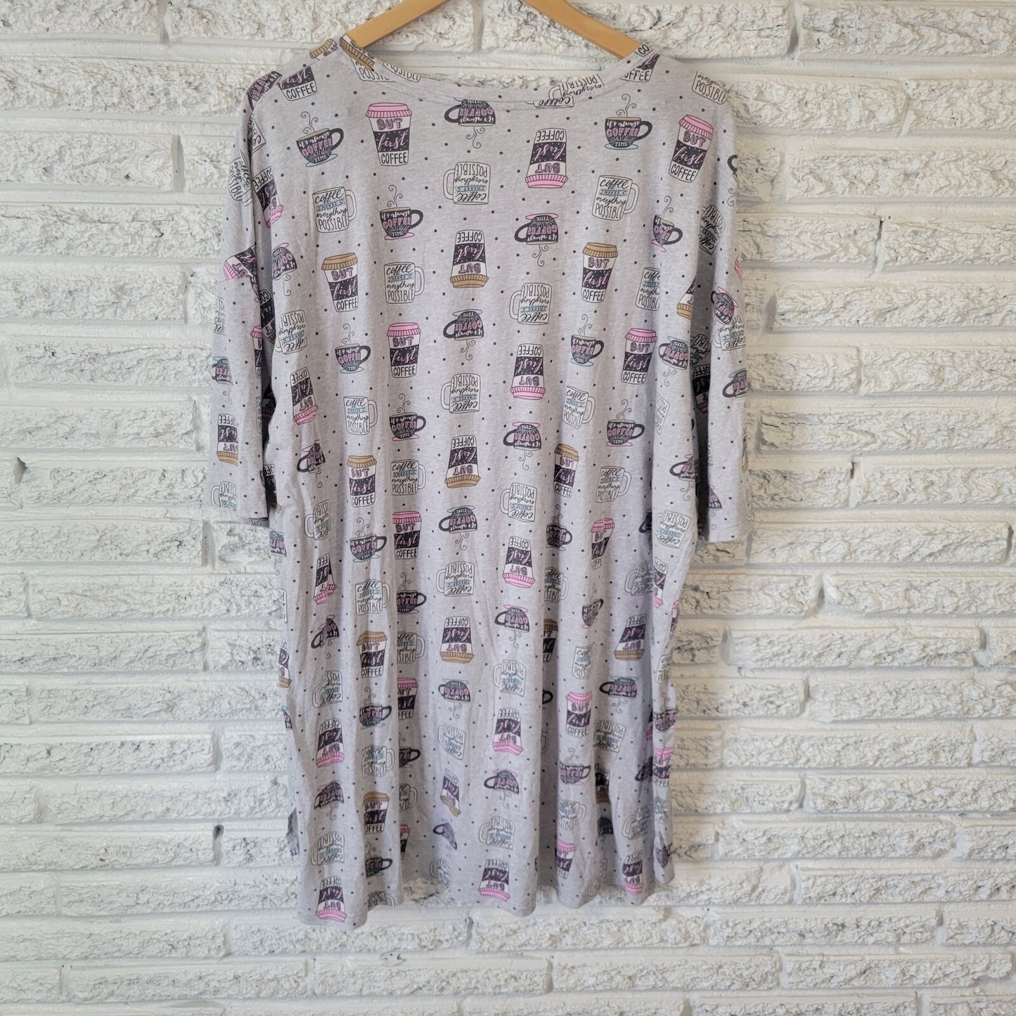 Secret Treasures Womens Pajama Top 2X Gown Gray Coffee All Over Loungewear Comfy